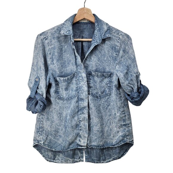 Bella Dahl XS Womens Blue Striped‎ Button-Up Shirt 100% Tencel USA Roll Tab - Picture 1 of 7